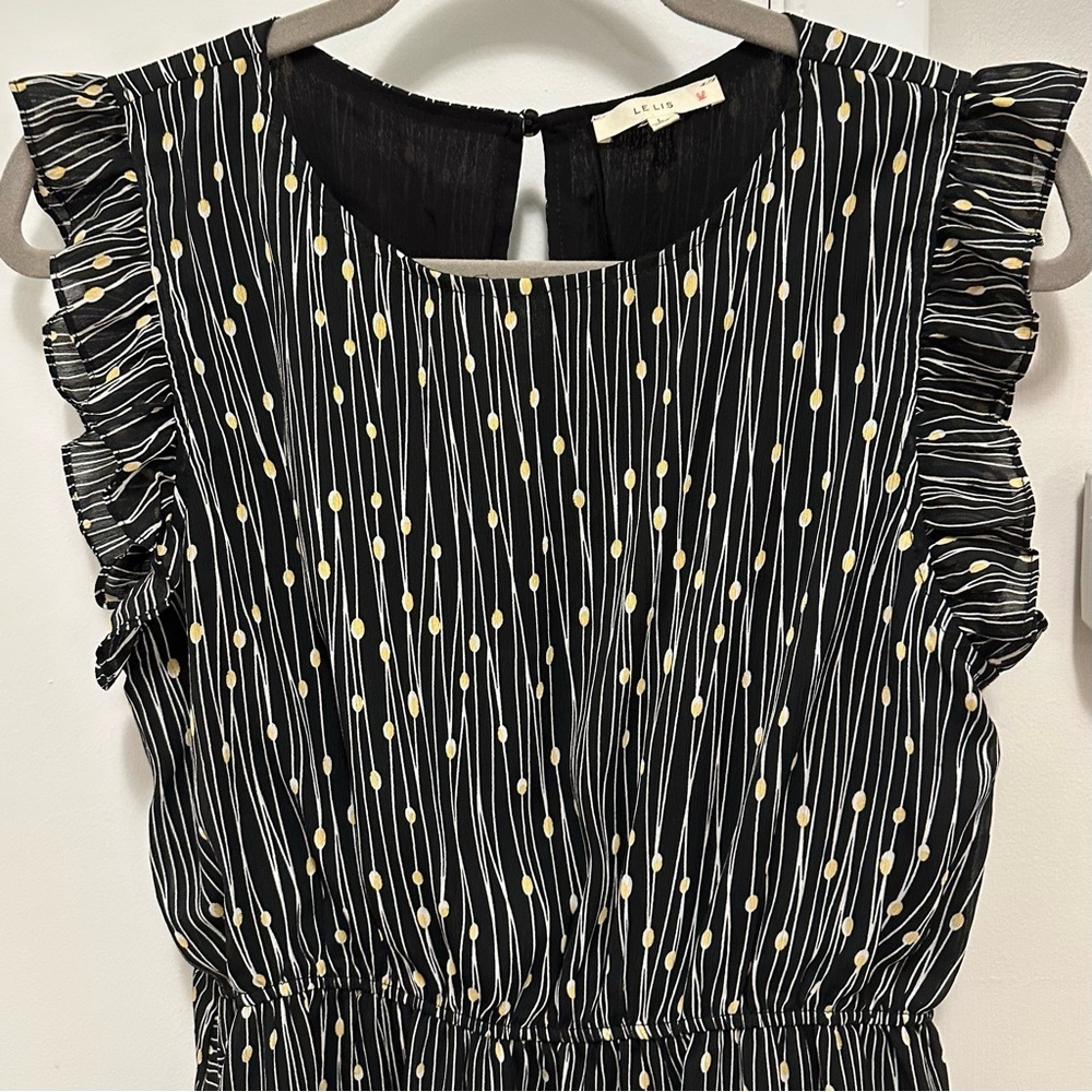 Le Lis Ruffle Sleeveless Mini Dress L Black White Gold Print Lined Party Casual - Picture 2 of 9
